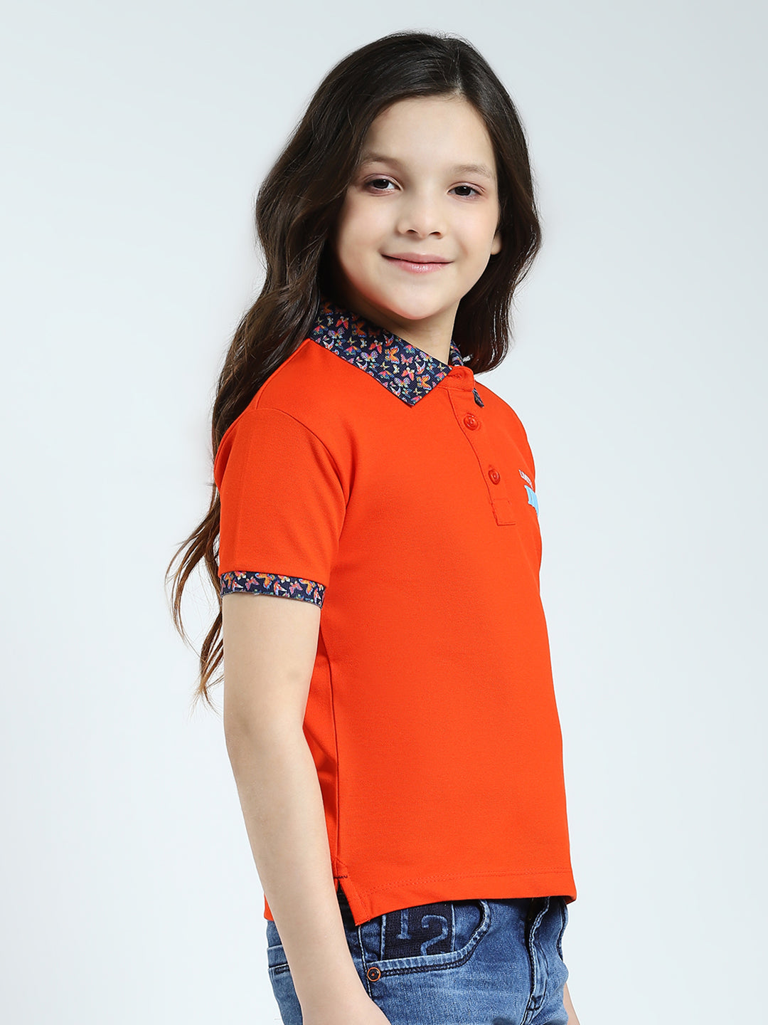 Girls Orange Solid Collar Half Sleeve T-Shirt