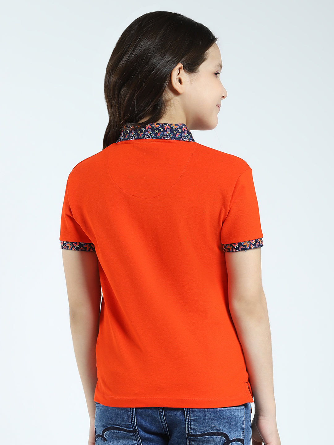 Girls Orange Solid Collar Half Sleeve T-Shirt