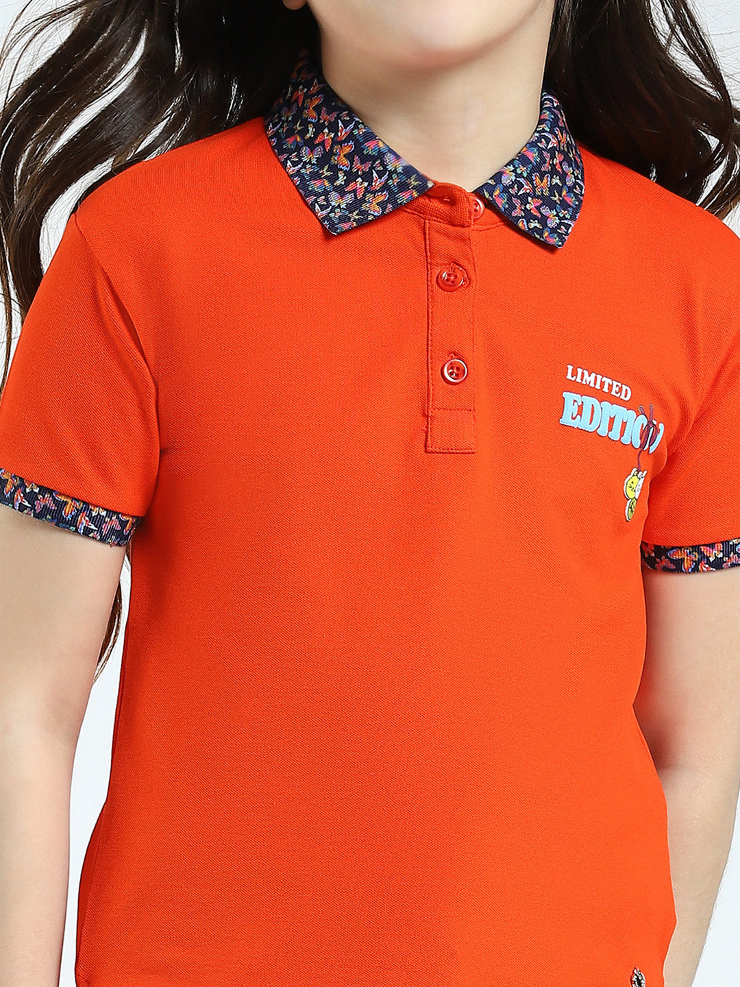 Girls Orange Solid Collar Half Sleeve T-Shirt
