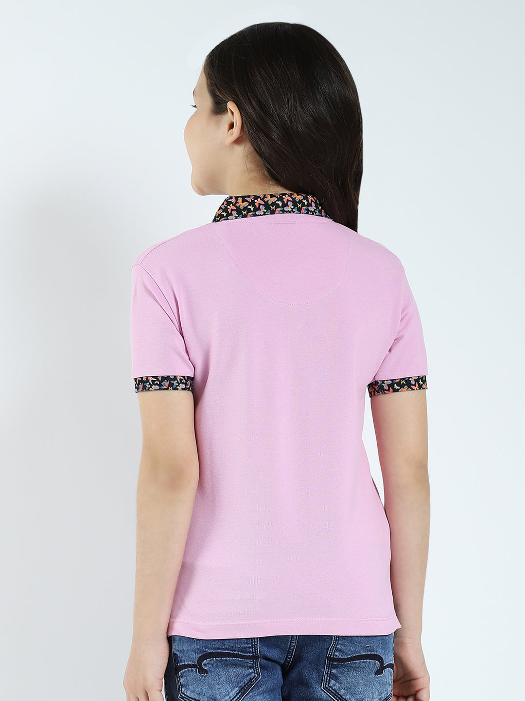 Girls Purple Solid Collar Half Sleeve T-Shirt
