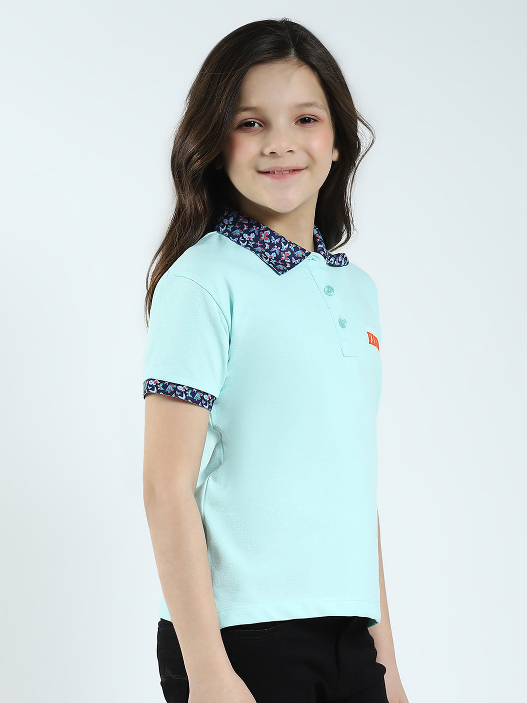 Girls Blue Solid Collar Half Sleeve T-Shirt