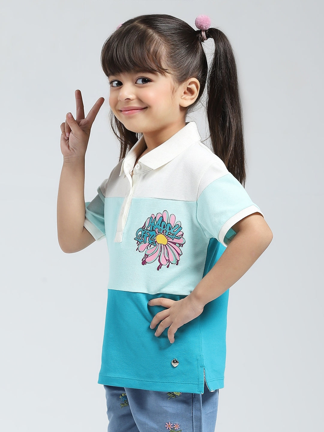 Girls Blue Printed Collar Half Sleeve T-Shirt
