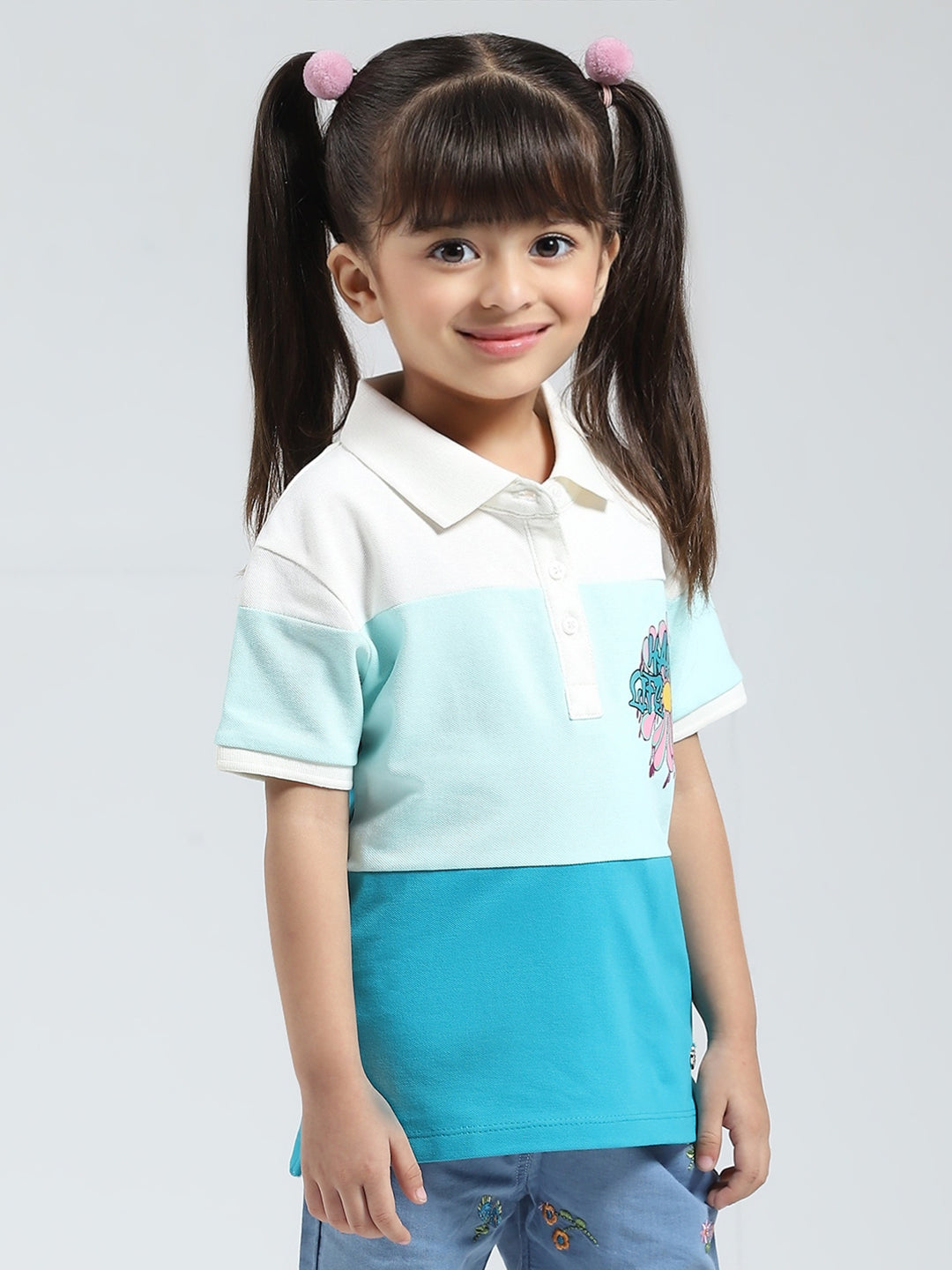 Girls Blue Printed Collar Half Sleeve T-Shirt