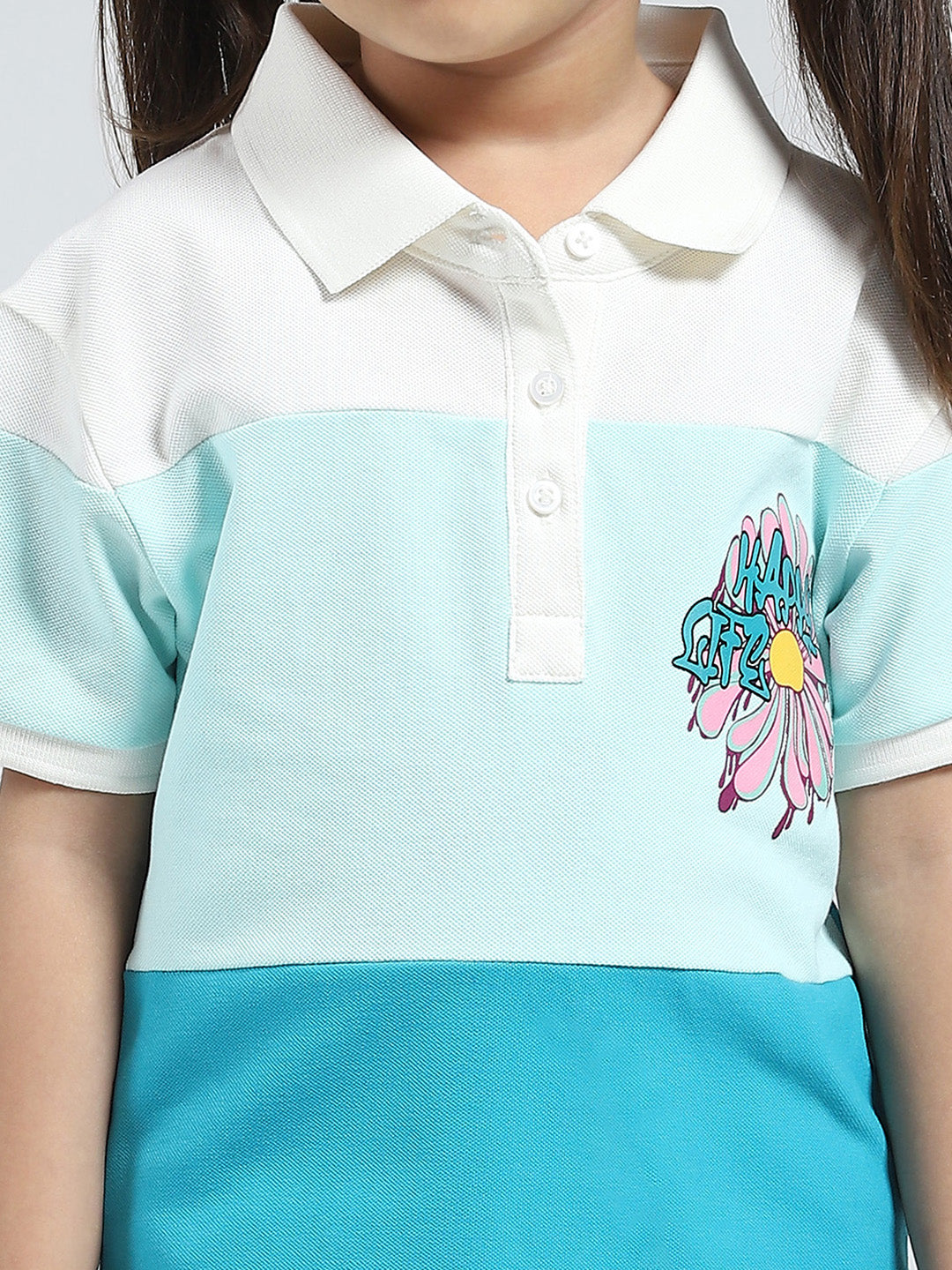 Girls Blue Printed Collar Half Sleeve T-Shirt