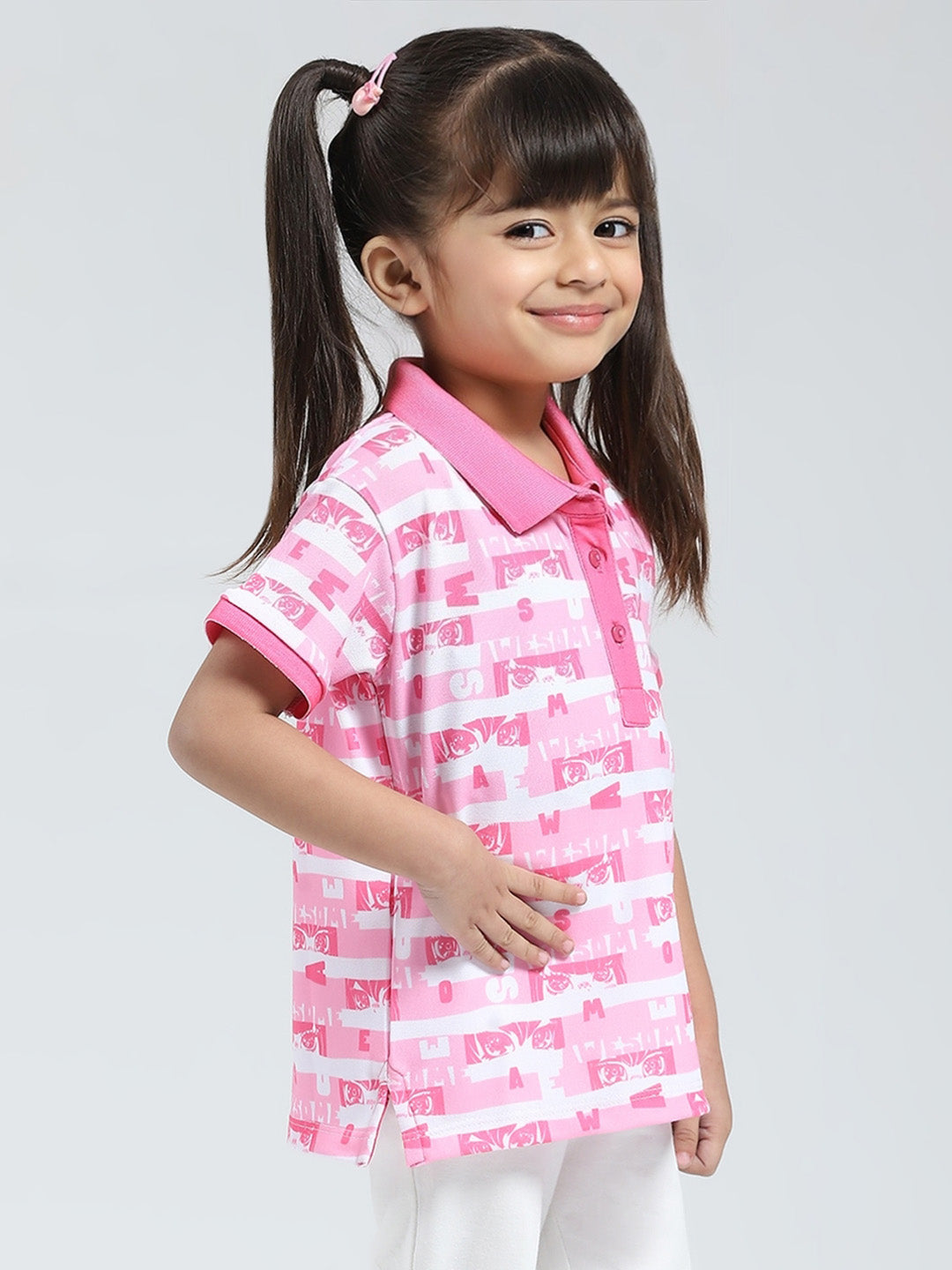 Girls Pink Printed Collar Half Sleeve T-Shirt