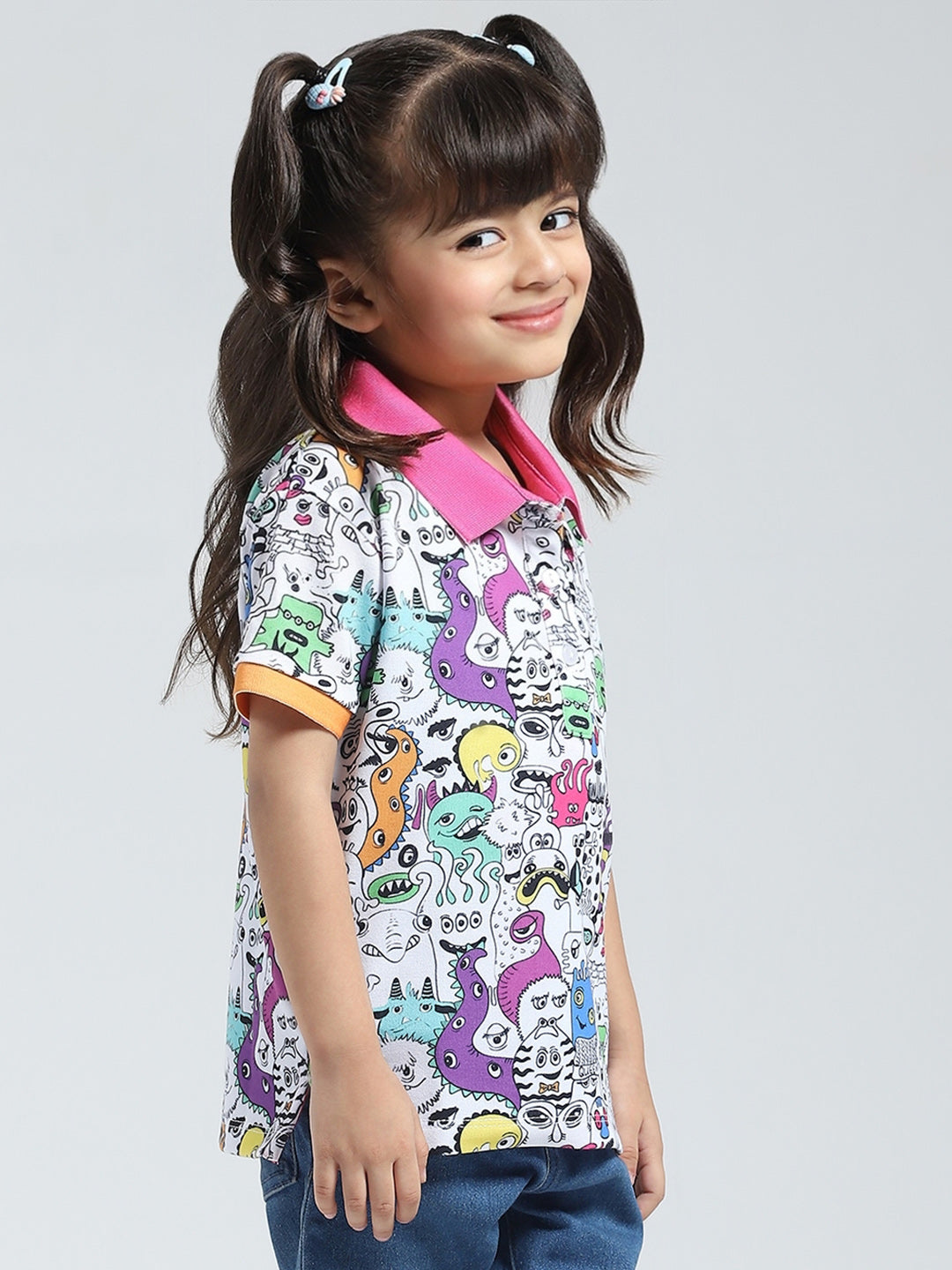 Girls Pink Printed Collar Half Sleeve T-Shirt