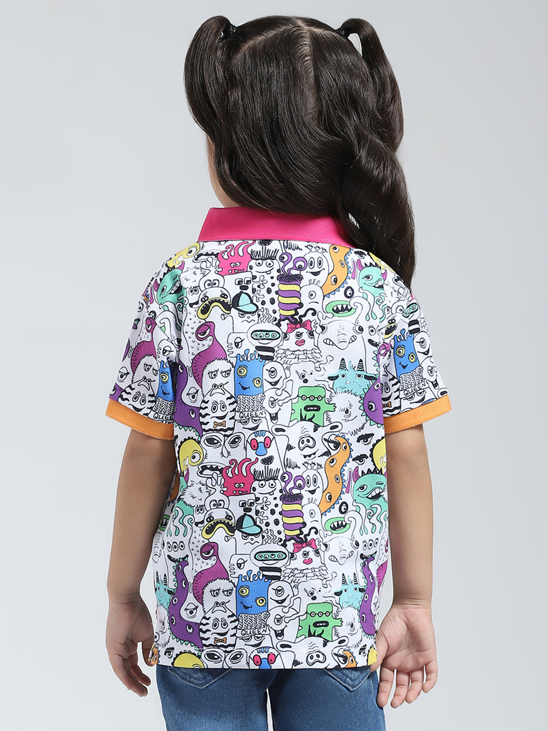 Girls Pink Printed Collar Half Sleeve T-Shirt