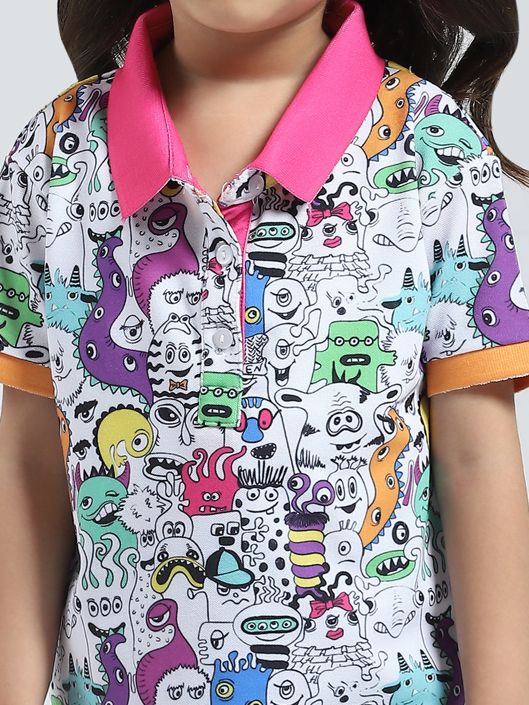 Girls Pink Printed Collar Half Sleeve T-Shirt