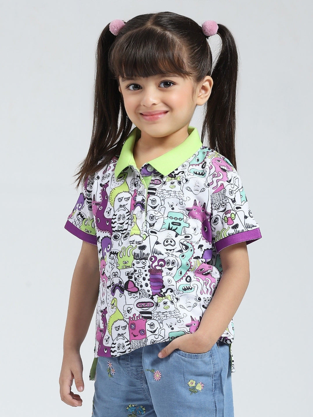 Girls Green Printed Collar Half Sleeve T-Shirt