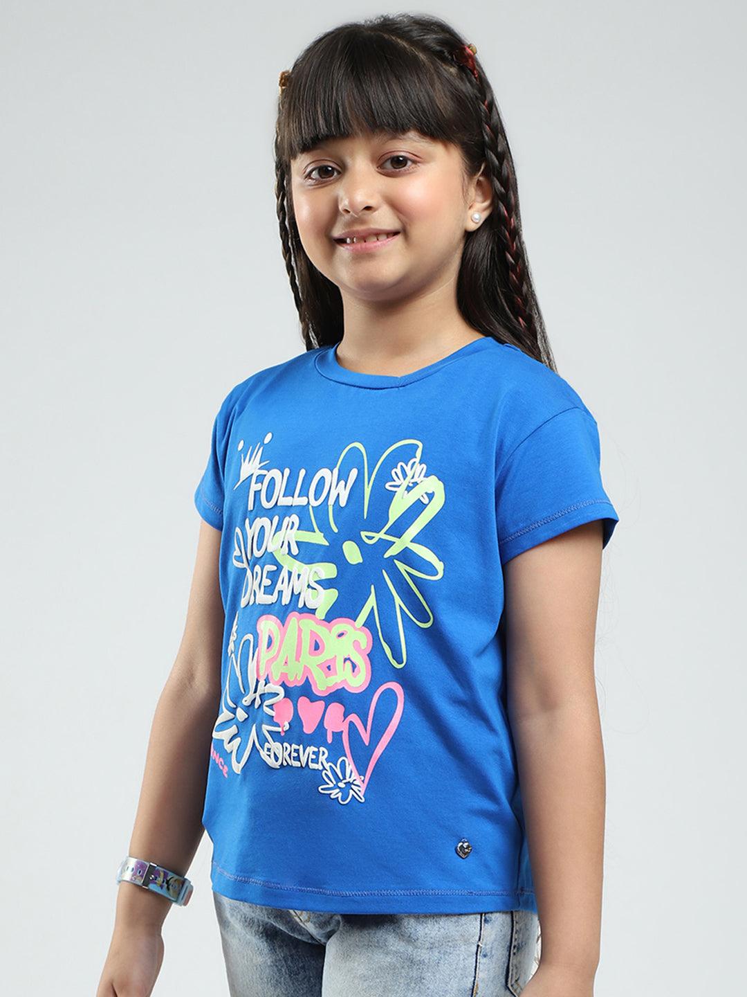 Girls Blue Printed Round Neck Half Sleeve Top