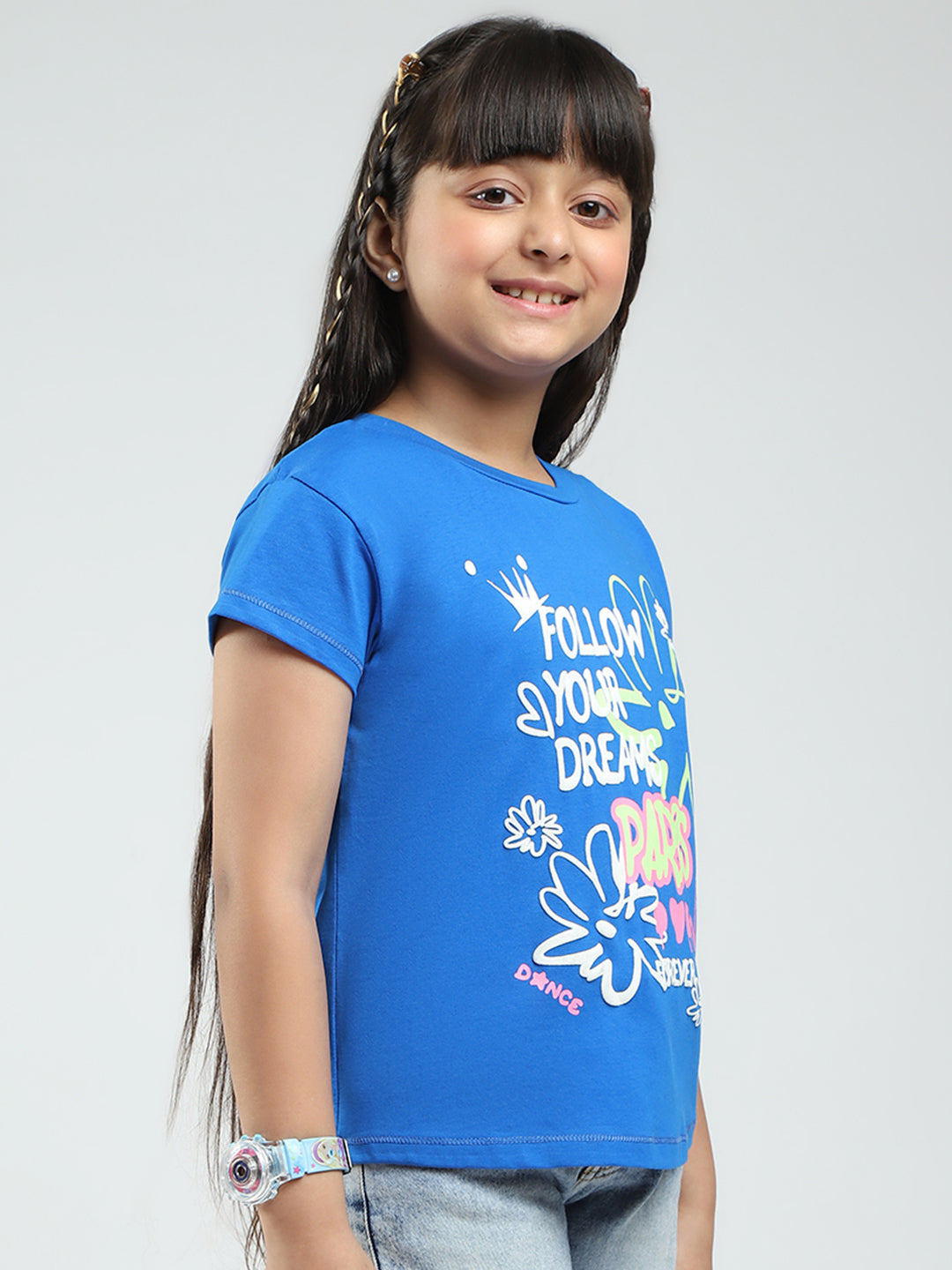 Girls Blue Printed Round Neck Half Sleeve Top