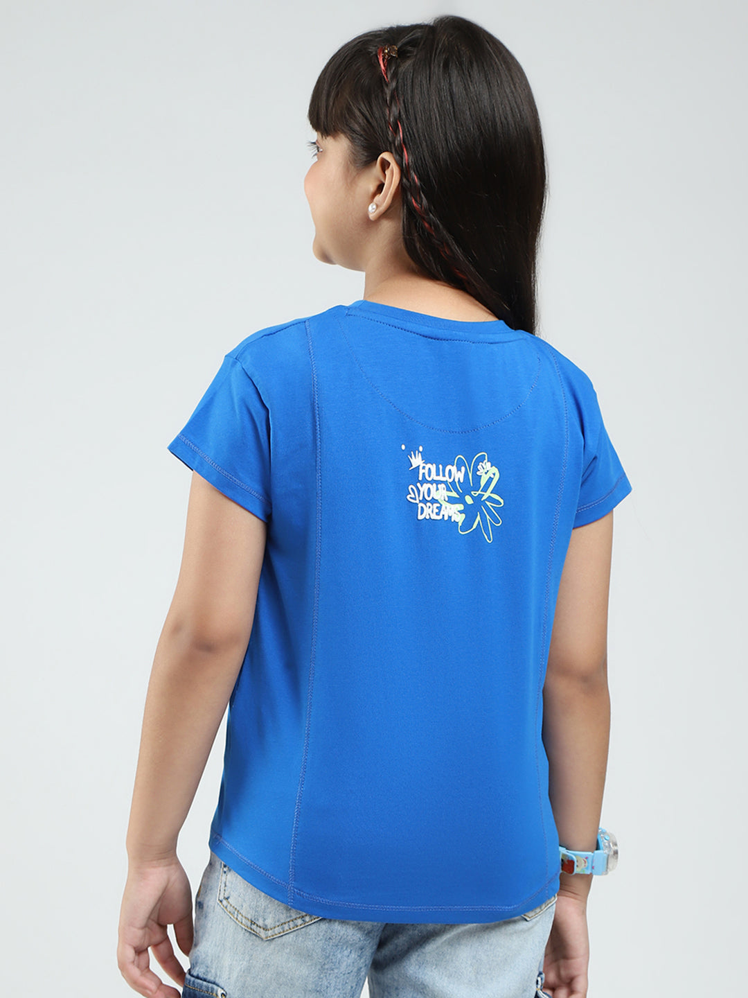 Girls Blue Printed Round Neck Half Sleeve Top