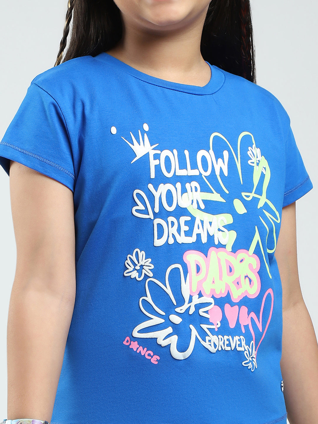 Girls Blue Printed Round Neck Half Sleeve Top