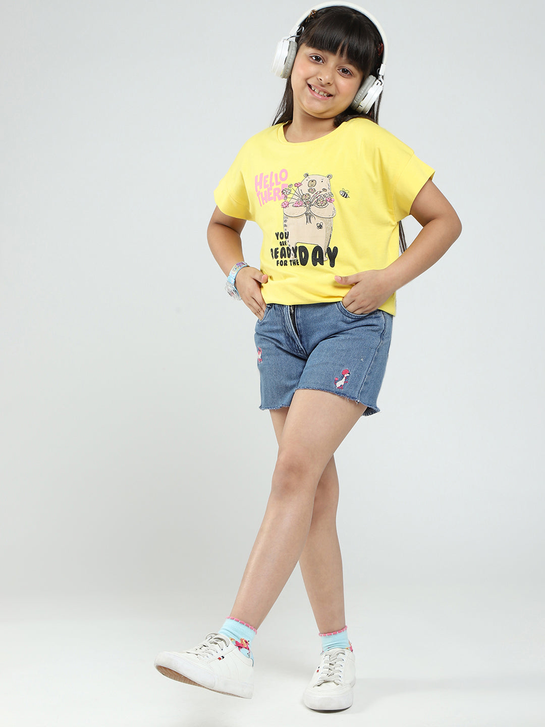 Girls Yellow Printed V Neck Half Sleeve Top