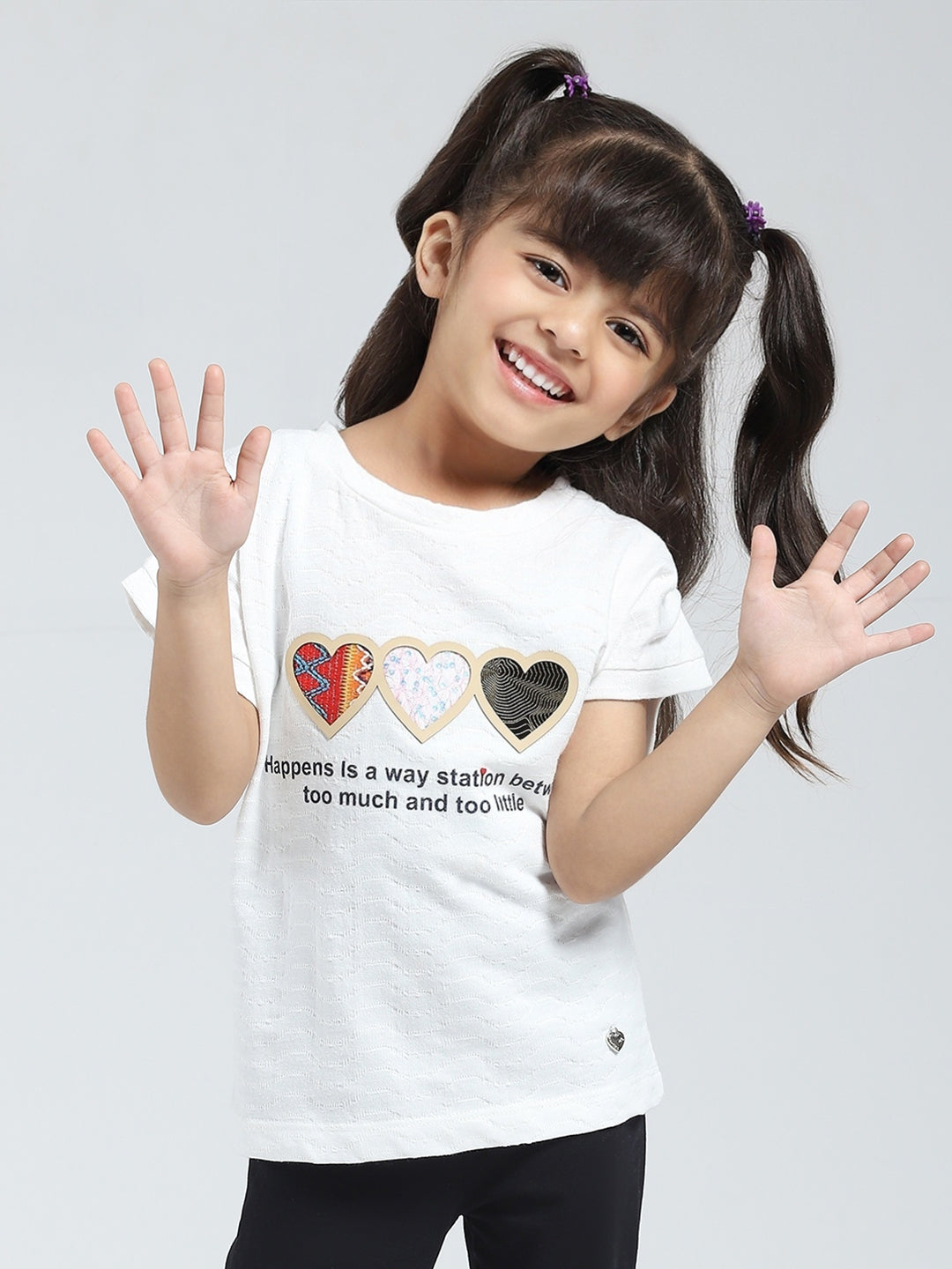 Girls Off White Printed V Neck Half Sleeve Top