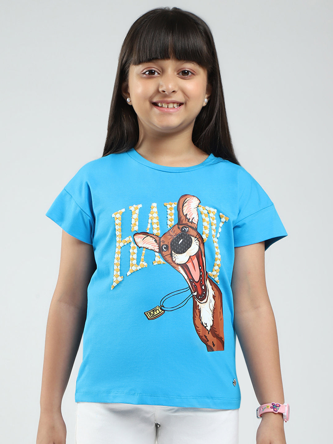 Girls Blue Printed Round Neck Half Sleeve Top