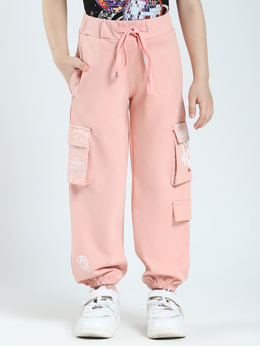 Girls Peach Printed Regular Fit Lower