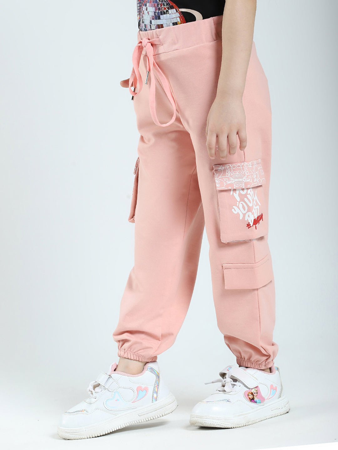 Girls Peach Printed Regular Fit Lower