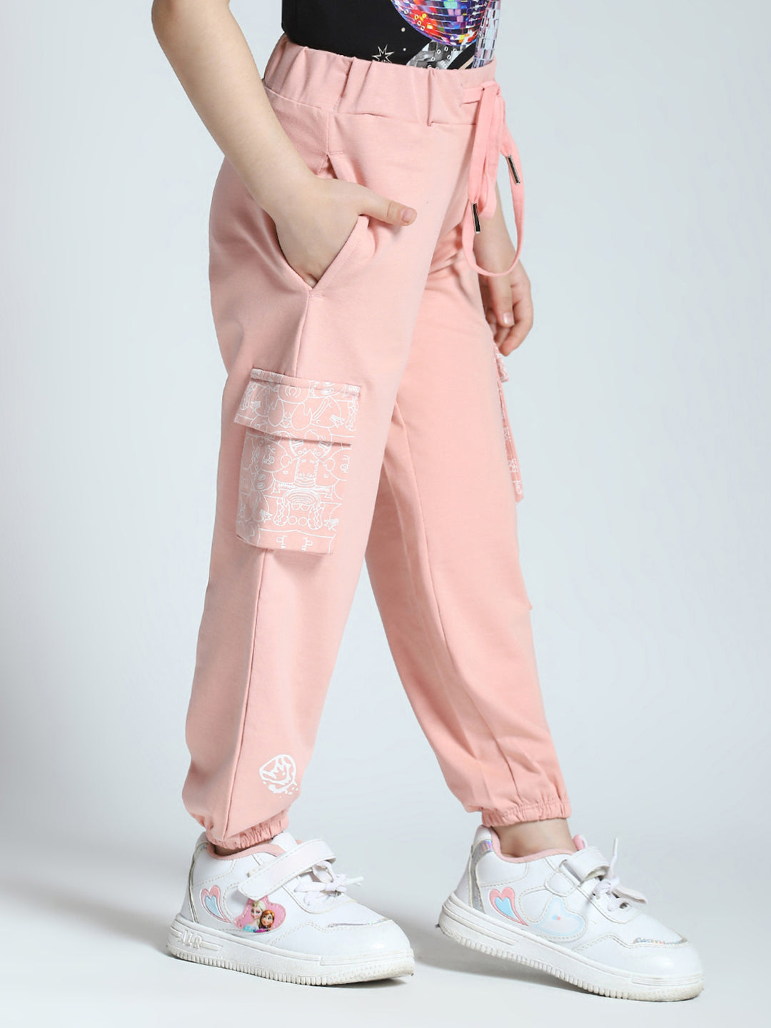 Girls Peach Printed Regular Fit Lower