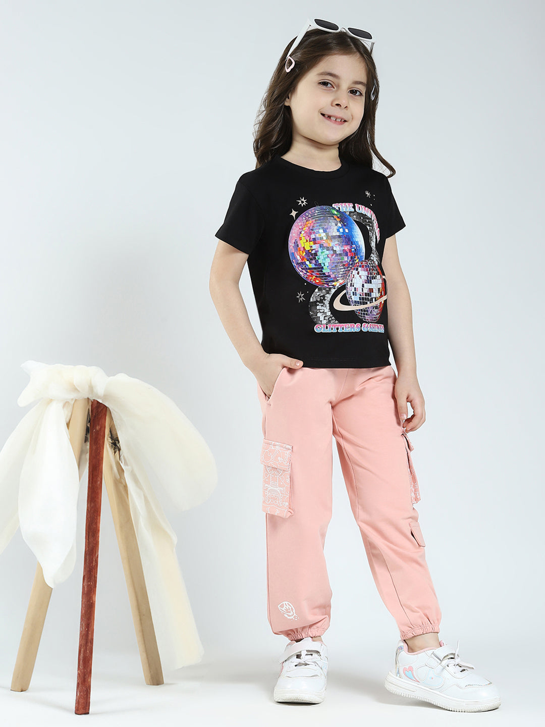 Girls Peach Printed Regular Fit Lower