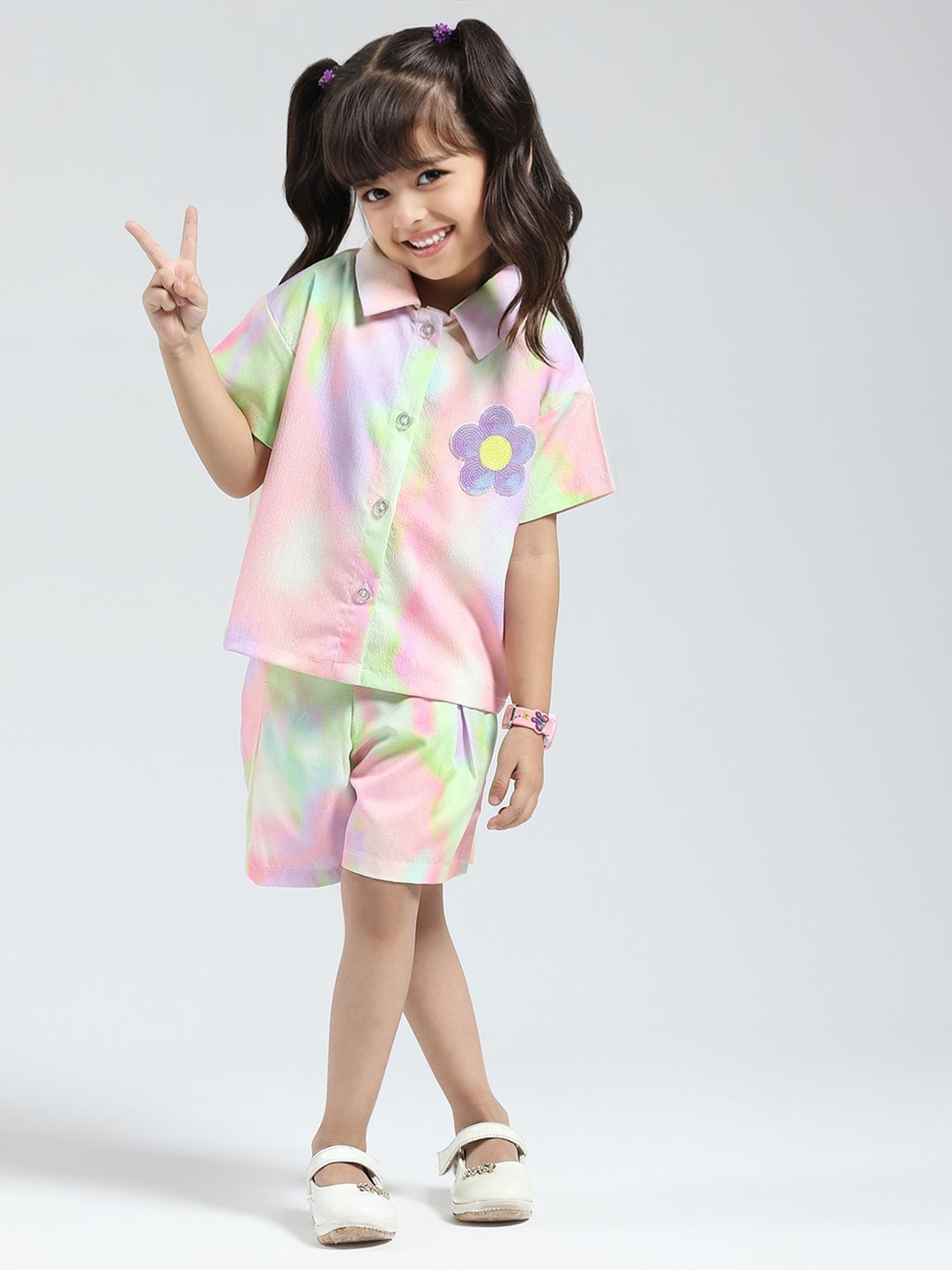 Girls Green Printed Collar Half Sleeve Cords Set