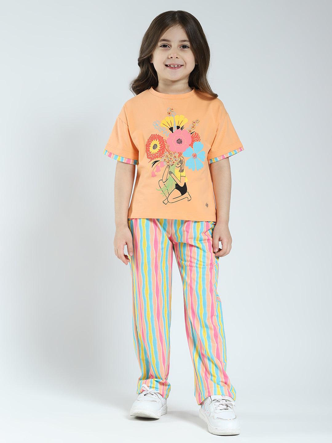 Girls Orange Printed Round Neck Half Sleeve Lower Set