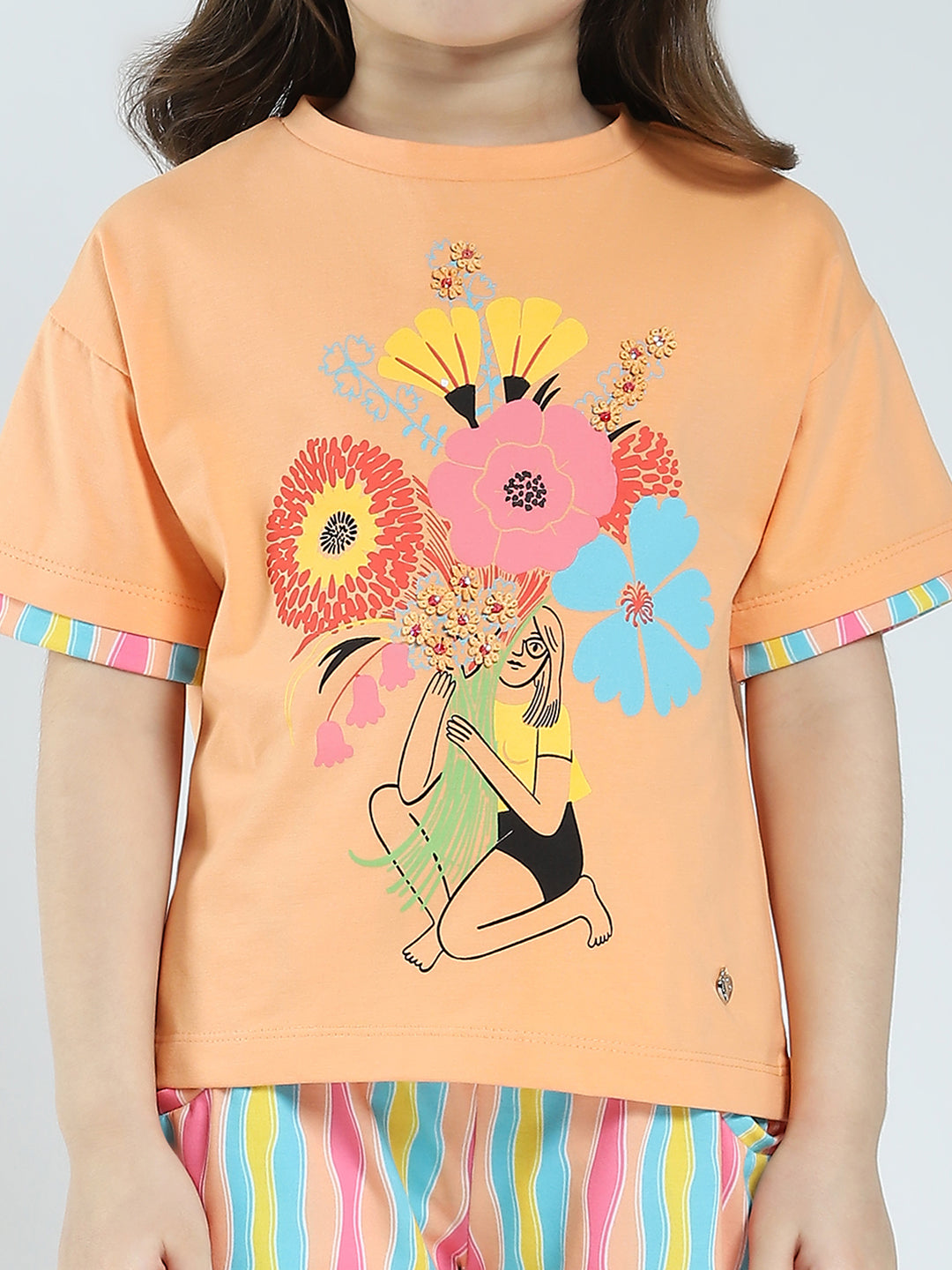 Girls Orange Printed Round Neck Half Sleeve Lower Set
