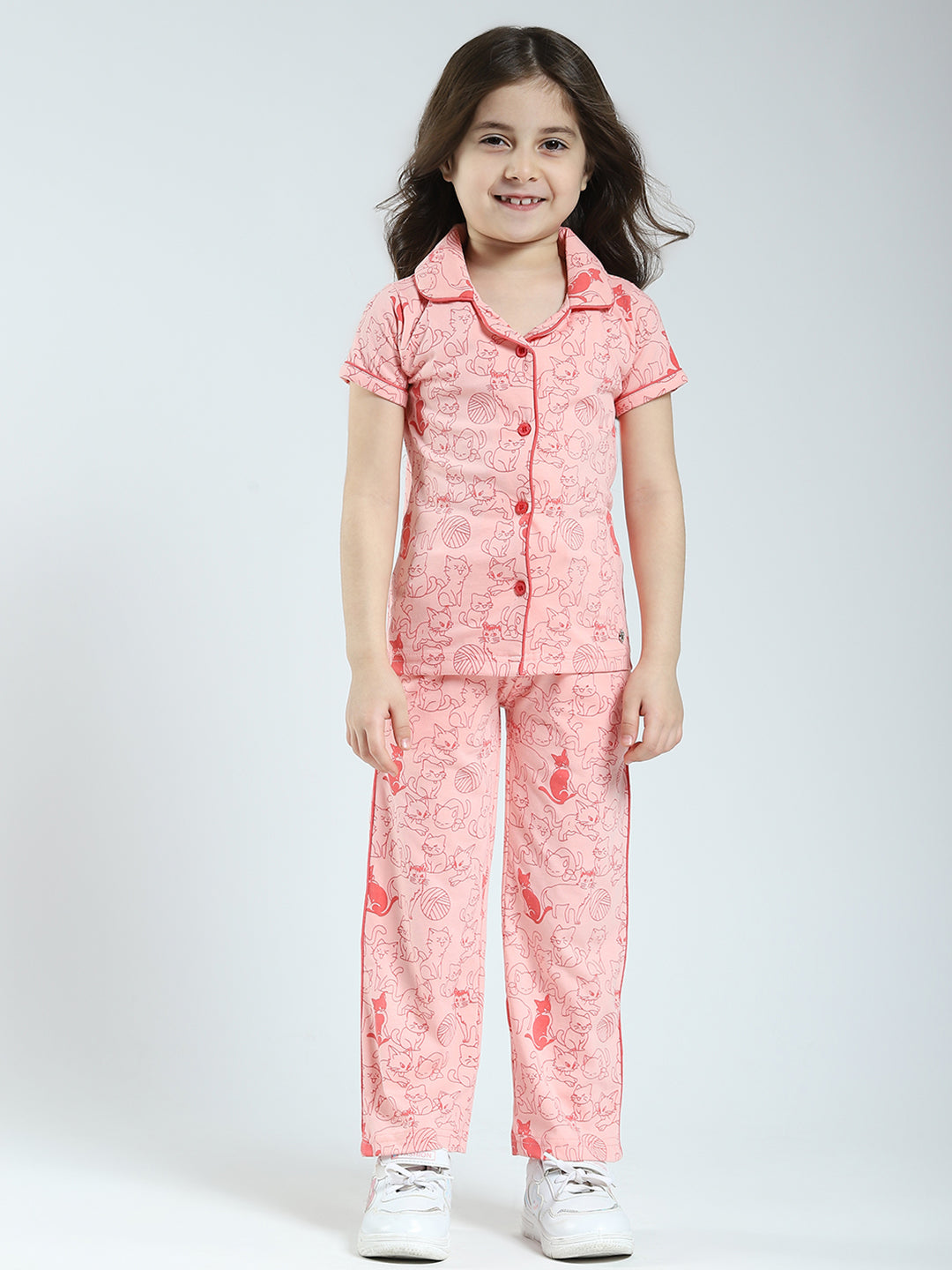 Girls Peach Printed Collar Half Sleeve Lower Set