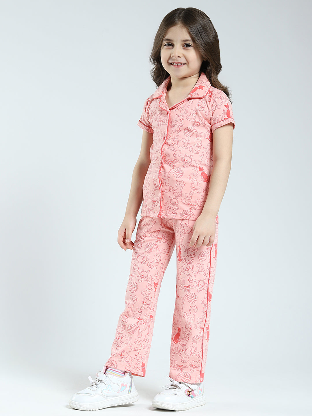 Girls Peach Printed Collar Half Sleeve Lower Set