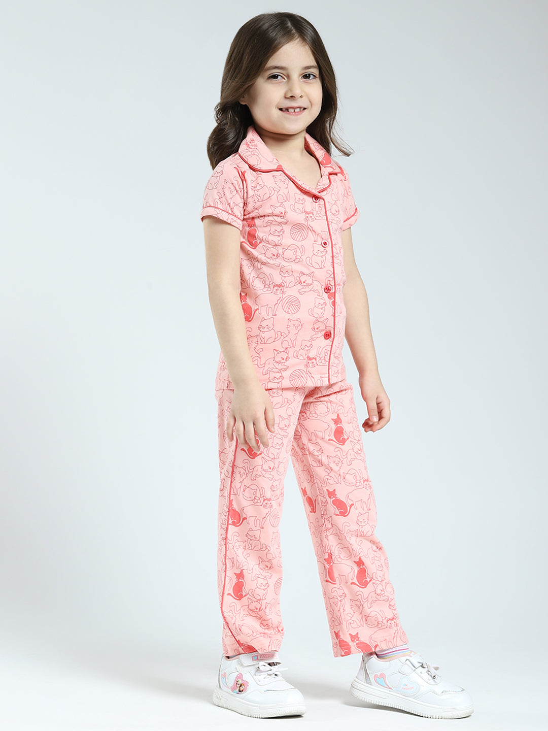 Girls Peach Printed Collar Half Sleeve Lower Set