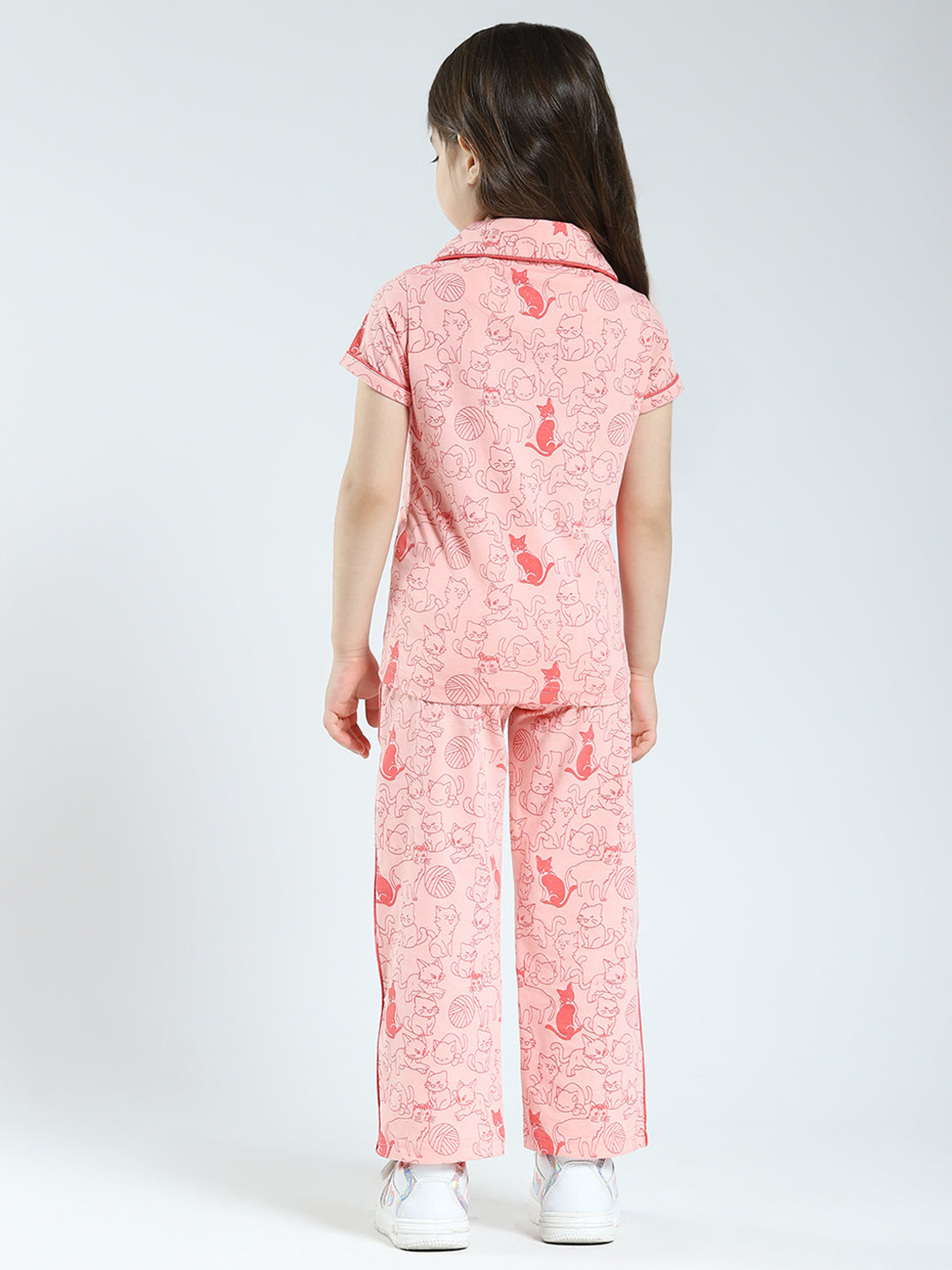 Girls Peach Printed Collar Half Sleeve Lower Set