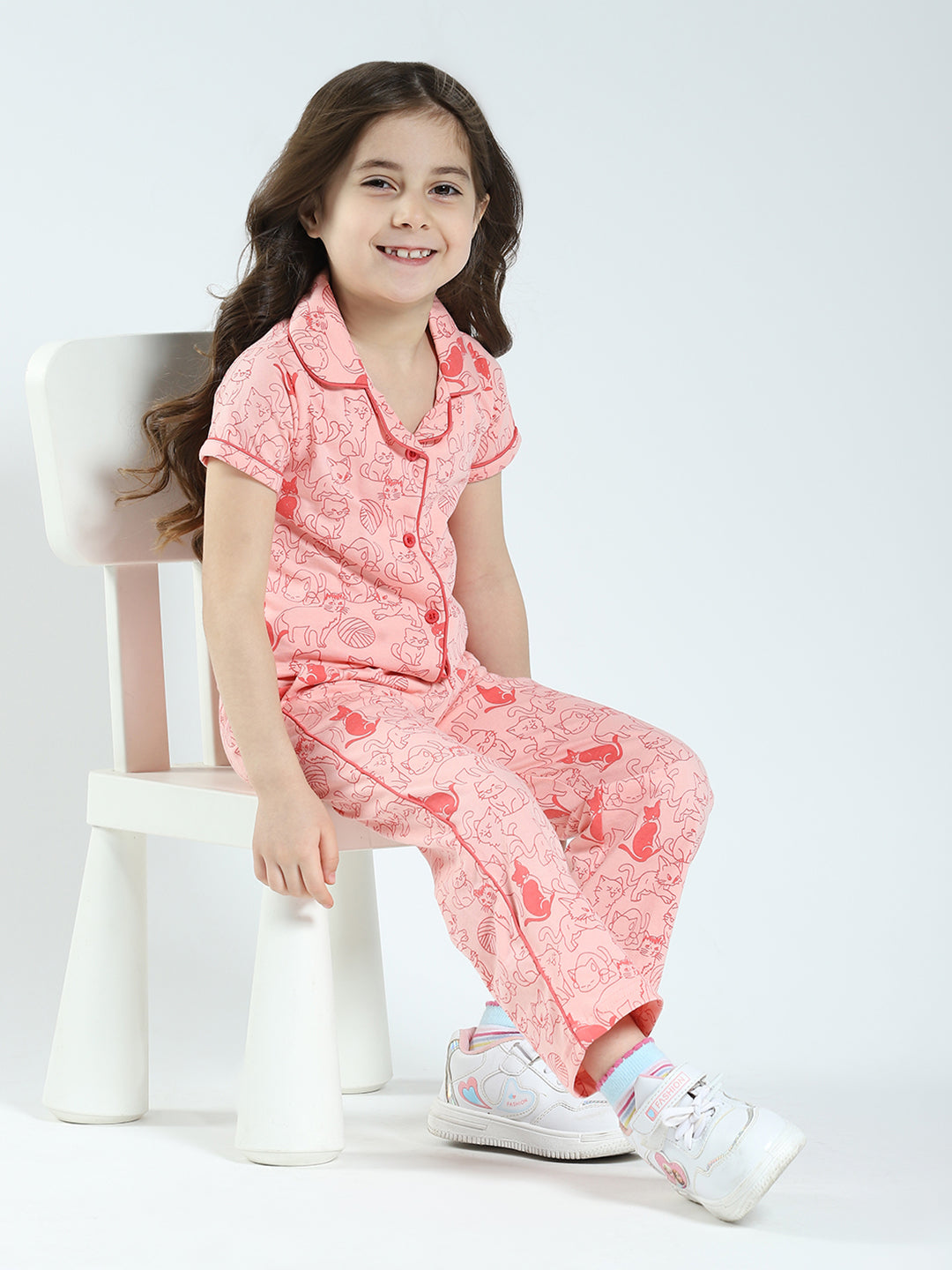 Girls Peach Printed Collar Half Sleeve Lower Set