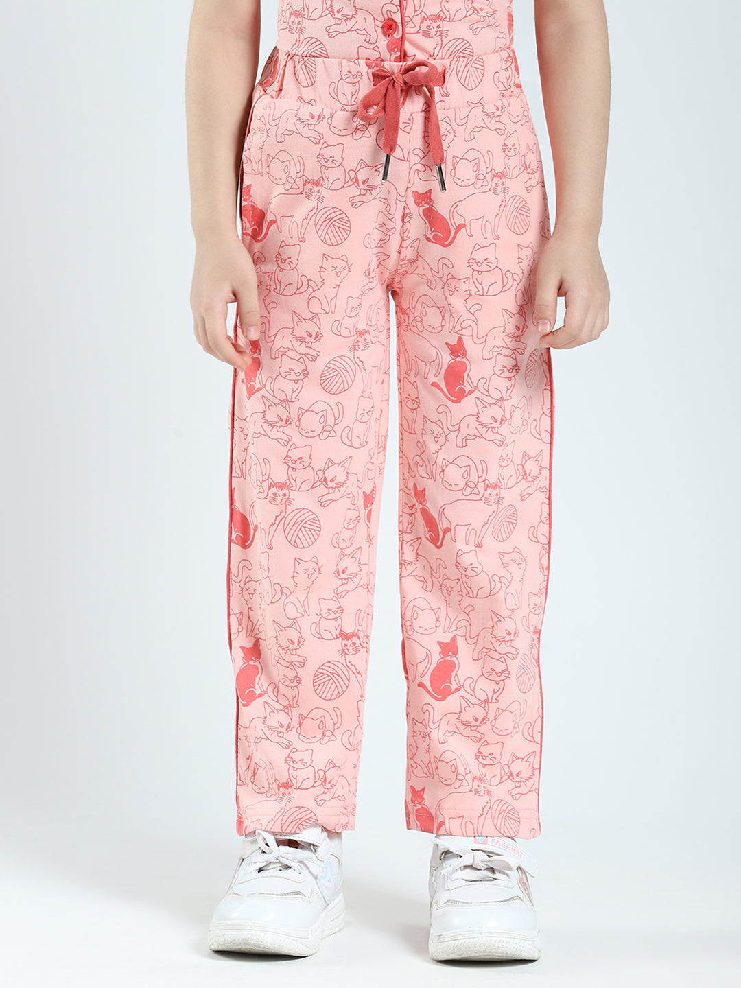 Girls Peach Printed Collar Half Sleeve Lower Set