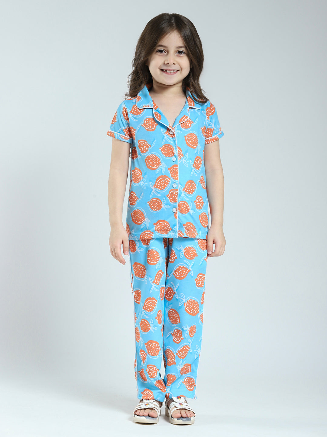 Girls Blue Printed Collar Half Sleeve Lower Set
