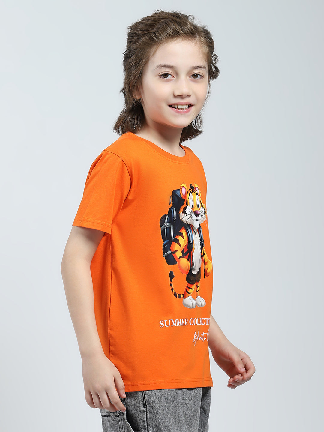 Boys Orange Printed Round Neck Half Sleeve T-Shirt