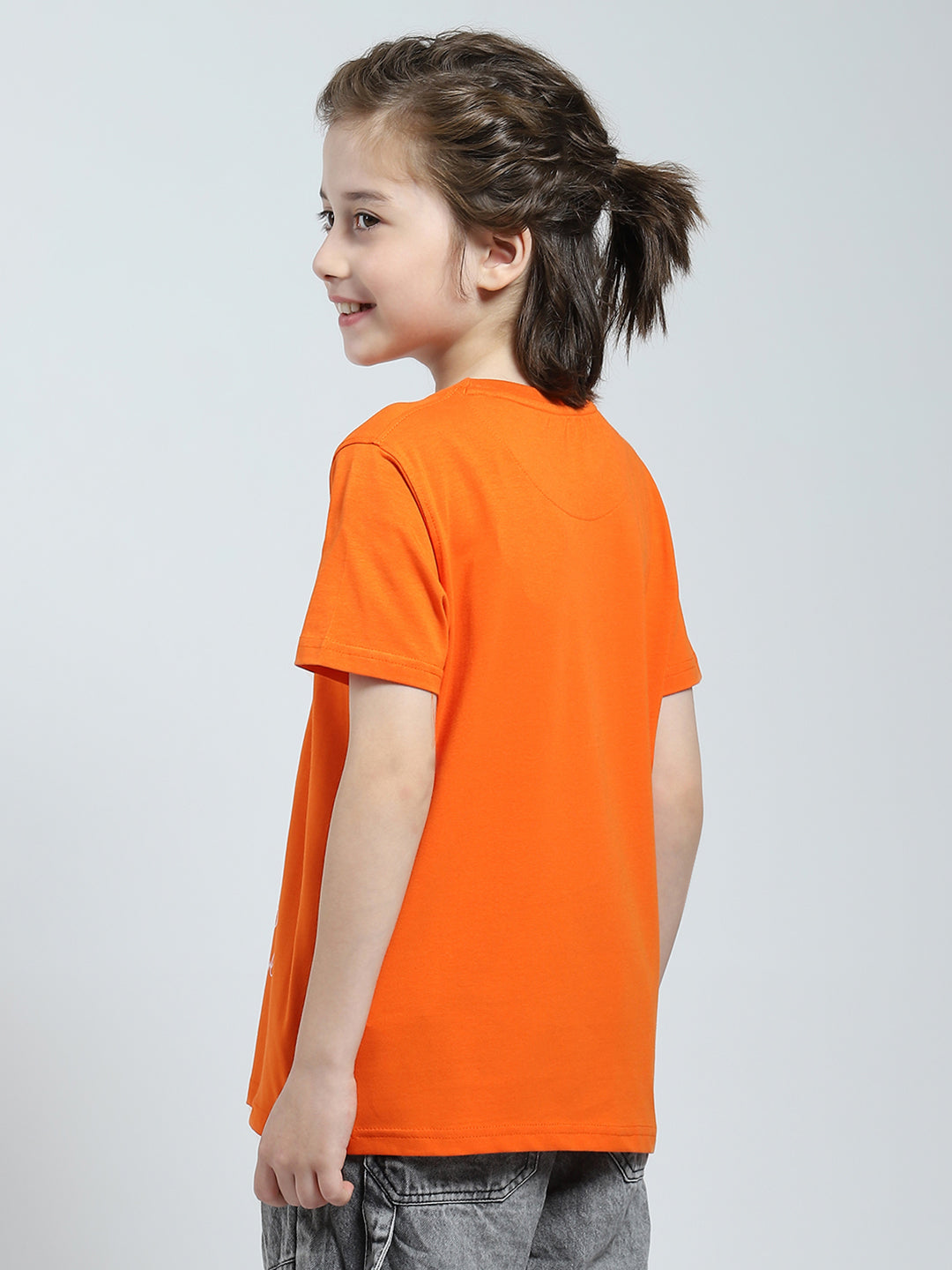 Boys Orange Printed Round Neck Half Sleeve T-Shirt