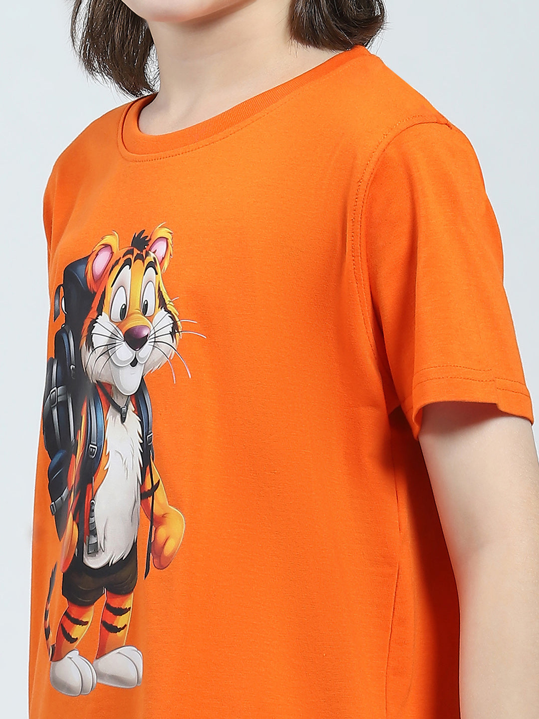 Boys Orange Printed Round Neck Half Sleeve T-Shirt