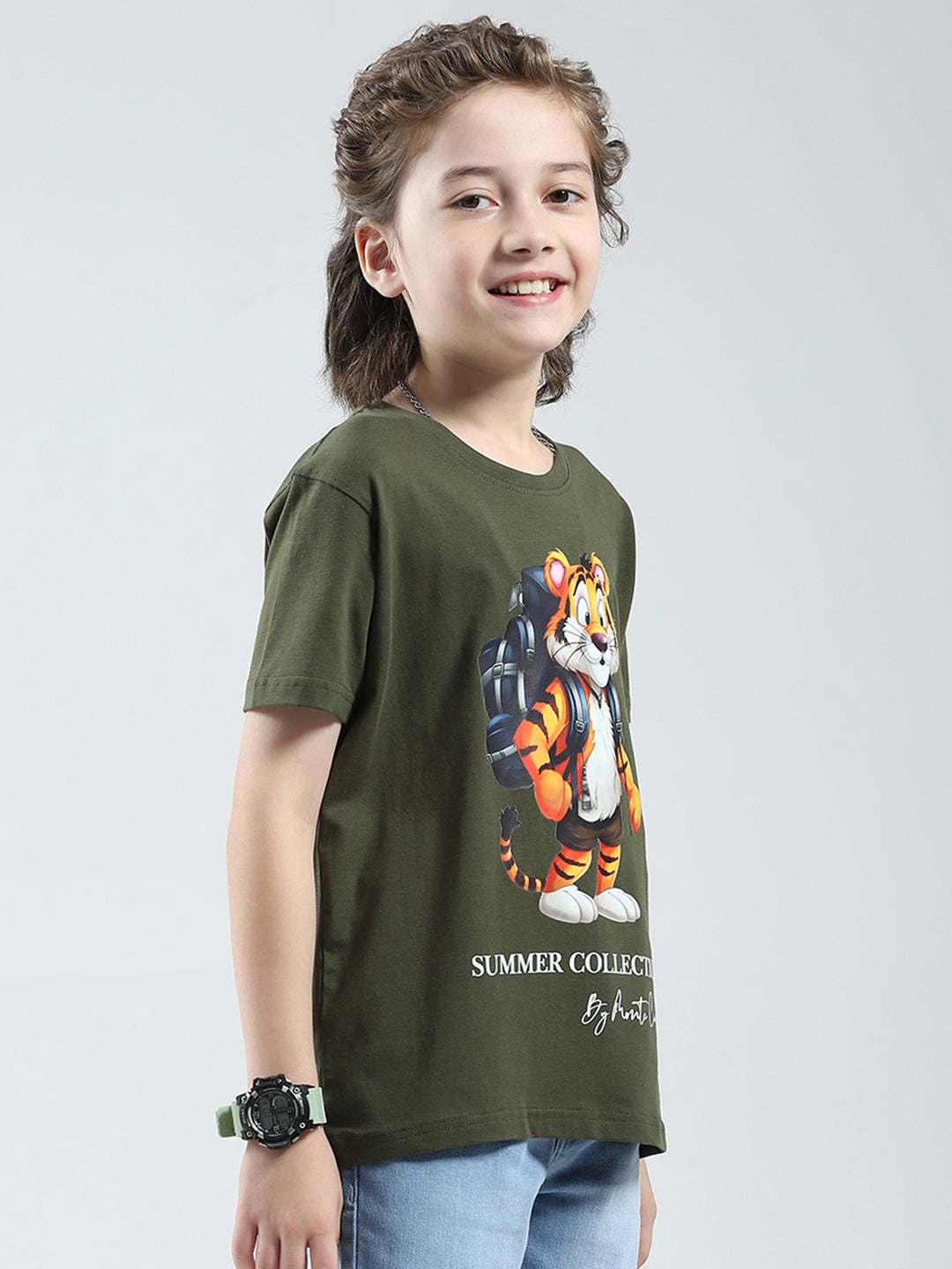 Boys Olive Printed Round Neck Half Sleeve T-Shirt