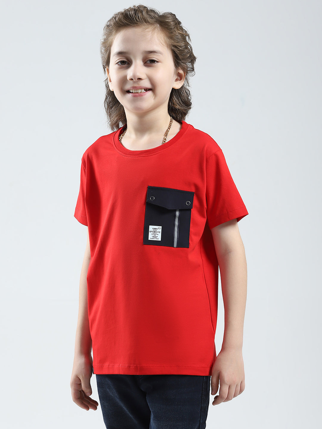 Boys Red Solid Round Neck Half Sleeve T-Shirt