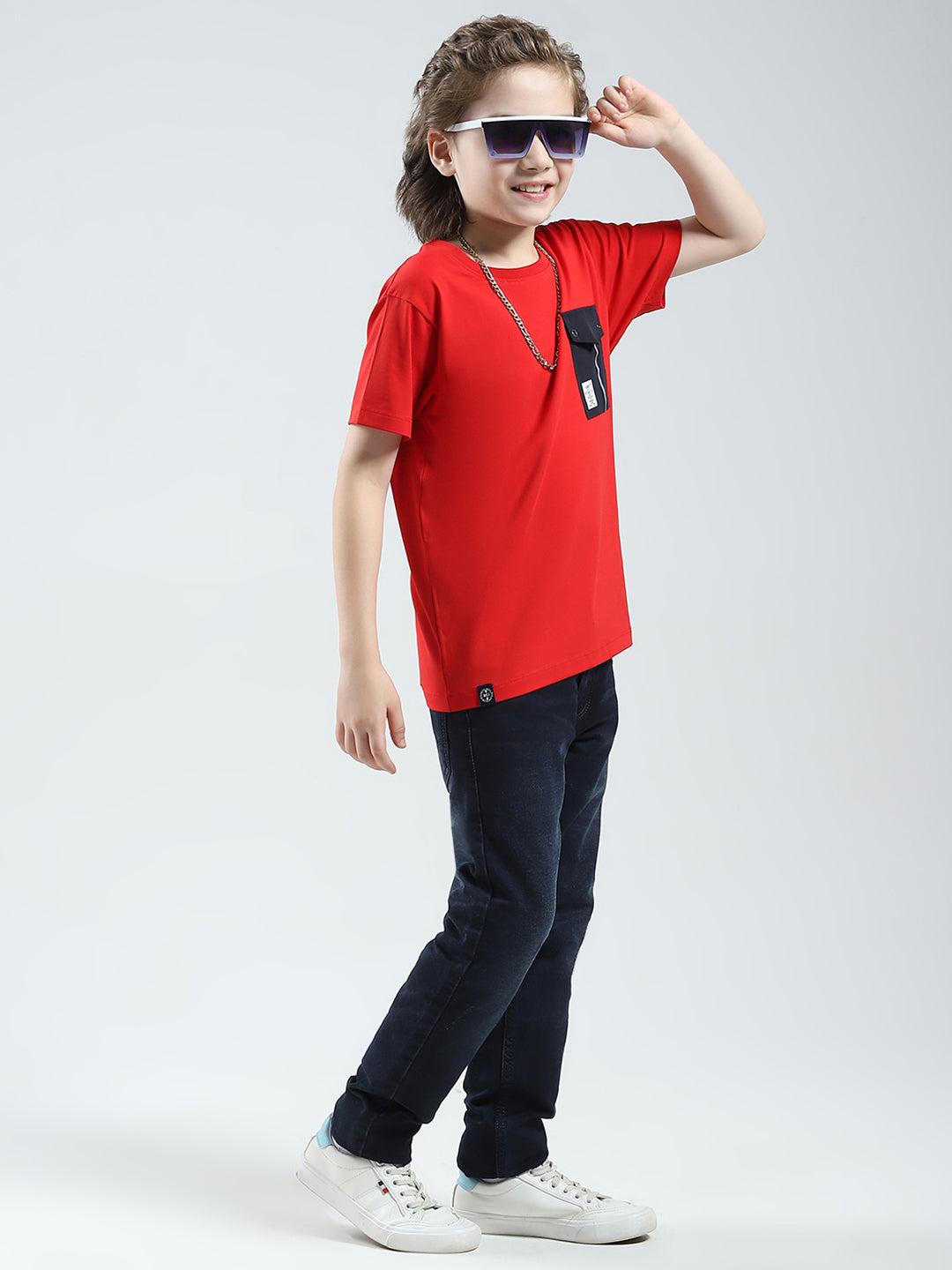 Boys Red Solid Round Neck Half Sleeve T-Shirt