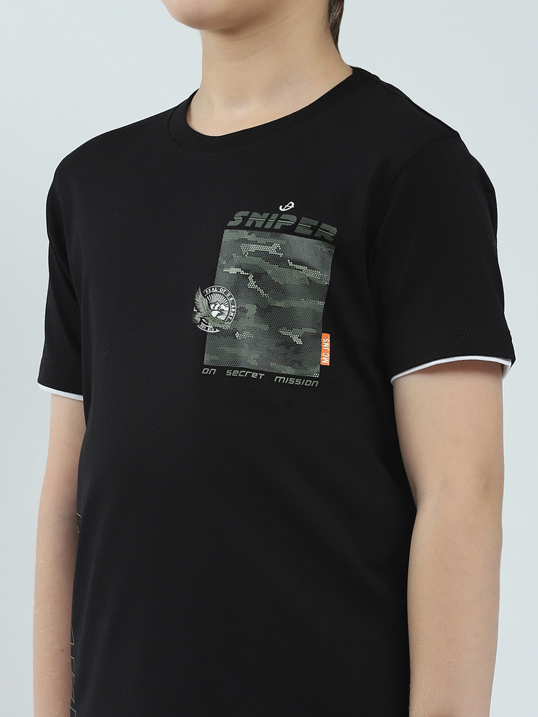 Boys Black Printed Round Neck Half Sleeve T-Shirt