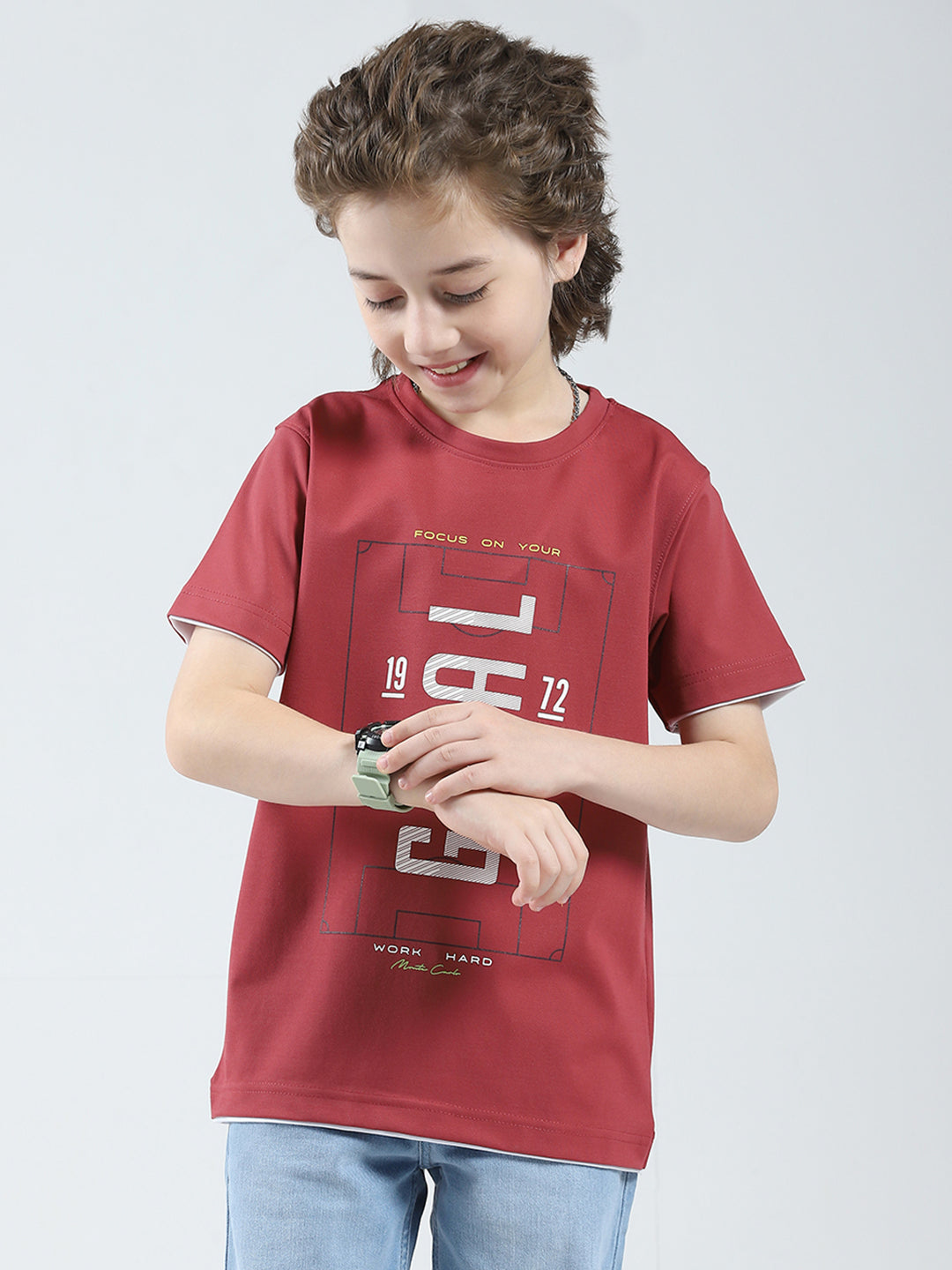Boys Pink Printed Round Neck Half Sleeve T-Shirt