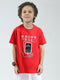 Boys Red Printed Round Neck Half Sleeve T-Shirt