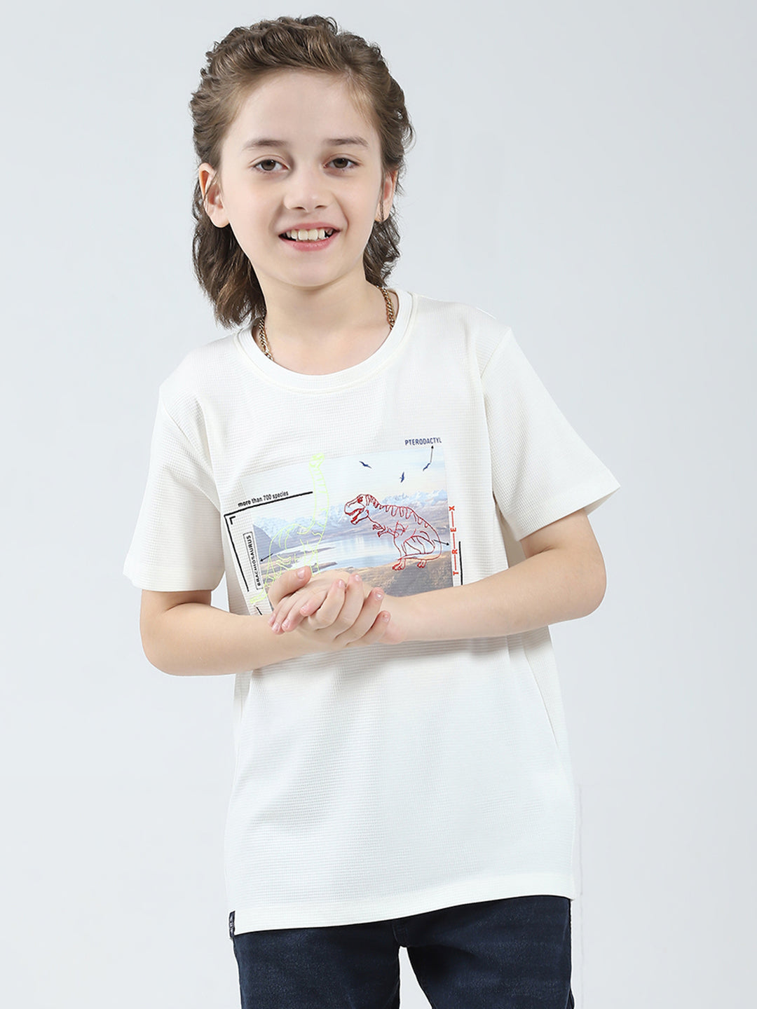 Boys White Printed Round Neck Half Sleeve T-Shirt