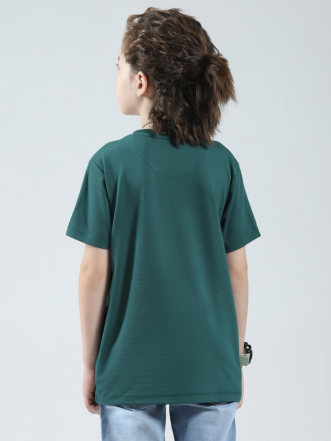 Boys Green Printed Round Neck Half Sleeve T-Shirt