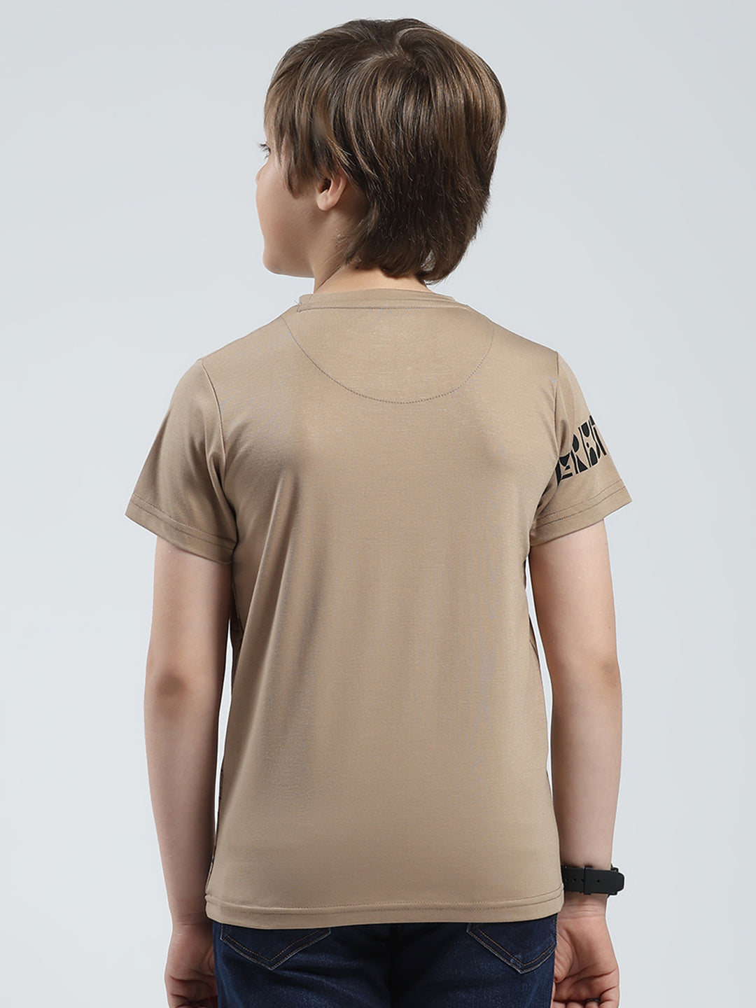 Boys Beige Printed Round Neck Half Sleeve T-Shirt