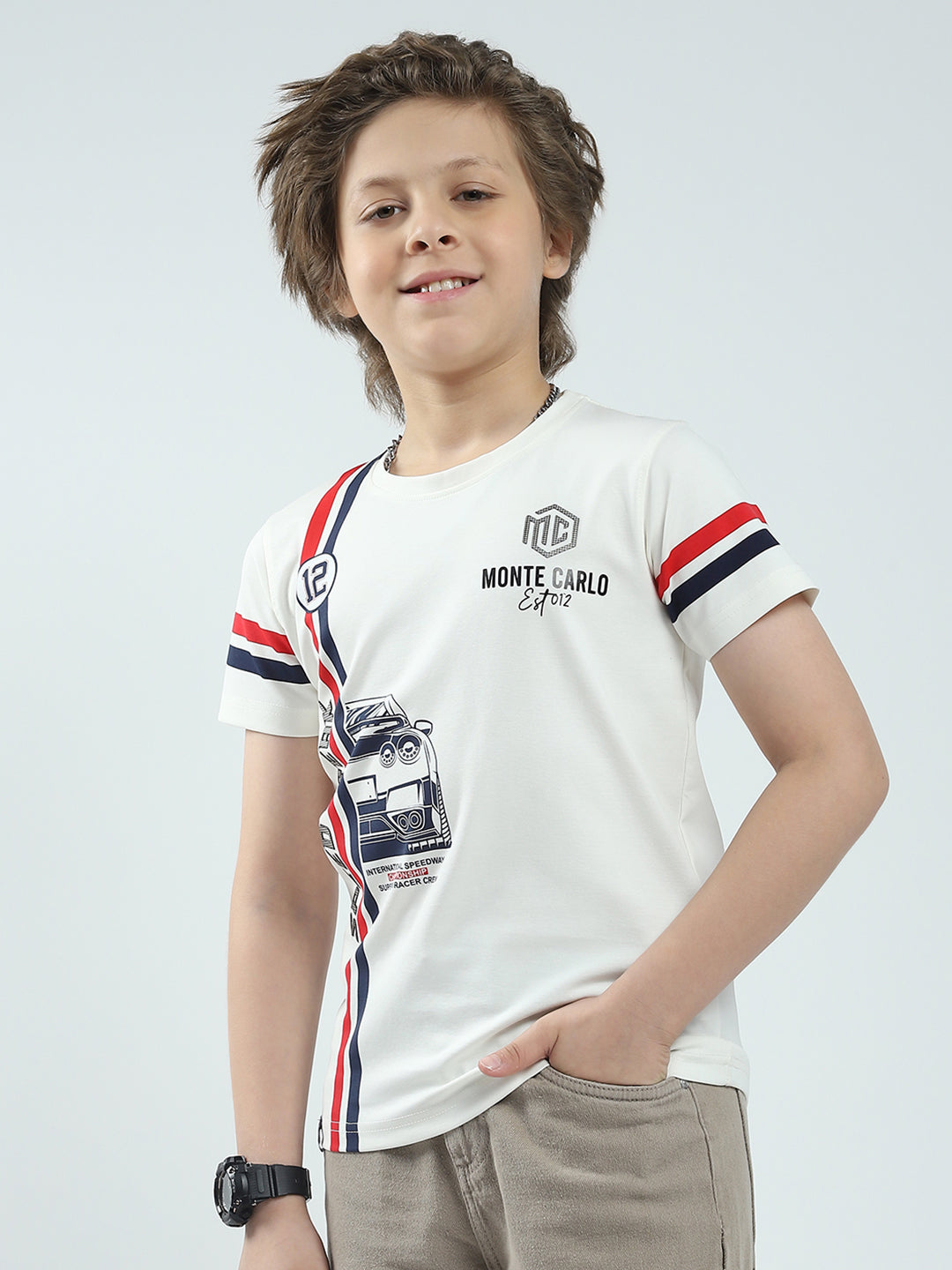 Boys White Printed Round Neck Half Sleeve T-Shirt