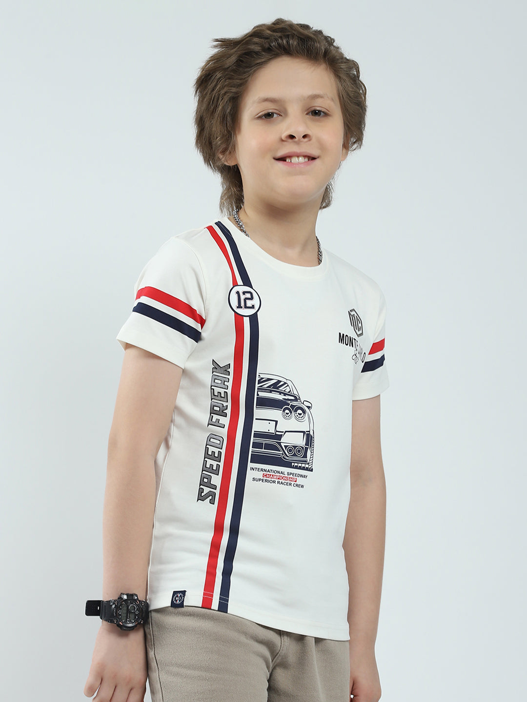 Boys White Printed Round Neck Half Sleeve T-Shirt