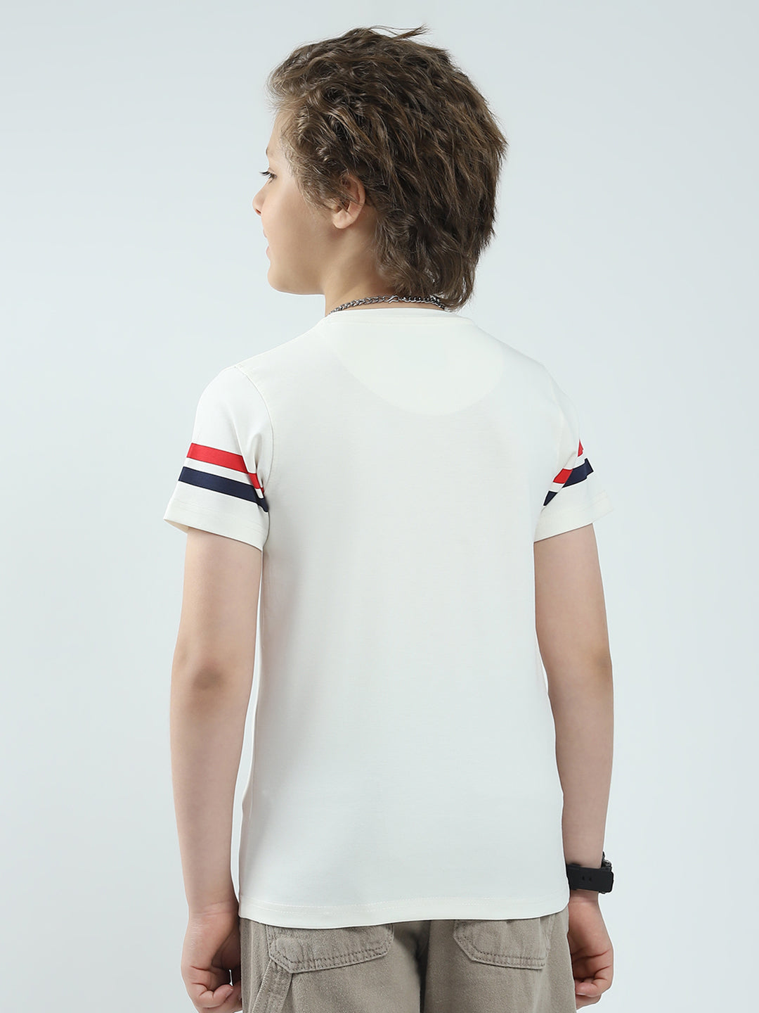 Boys White Printed Round Neck Half Sleeve T-Shirt