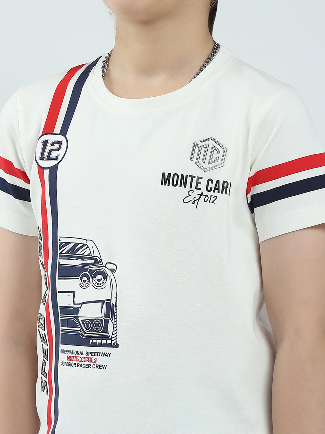 Boys White Printed Round Neck Half Sleeve T-Shirt